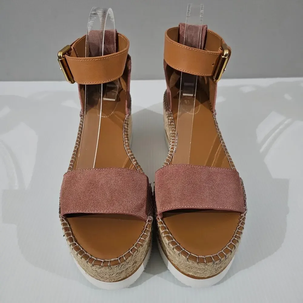 See By Chloe Glyn Platform Espadrille Sandal Womens EU 41 Pink Suede Wedge NEW